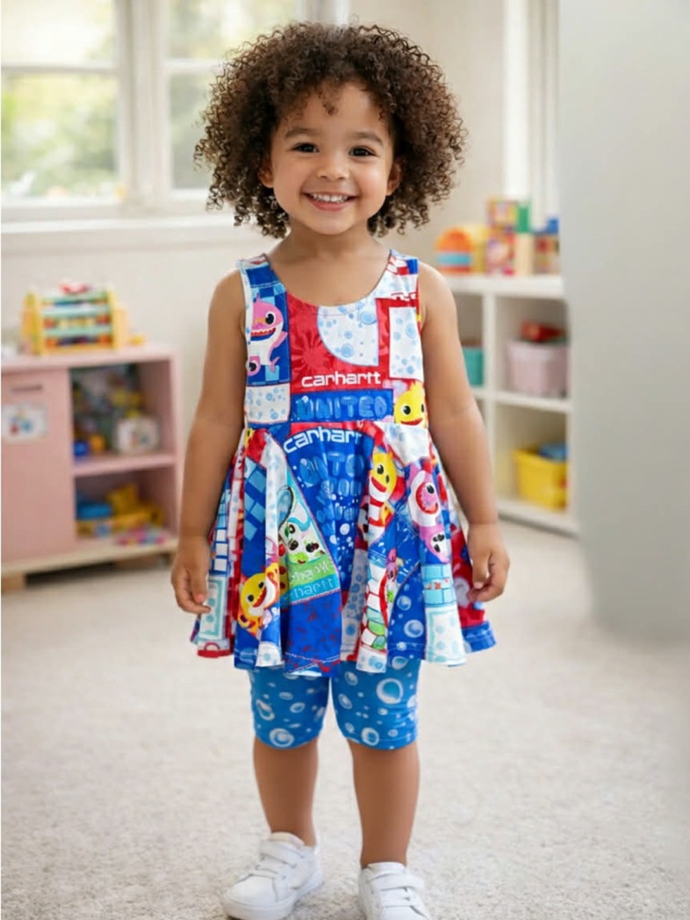 Carhartt Girls' Blue Red Multicolor Baby Shark Patch Dress & Leggings Set
